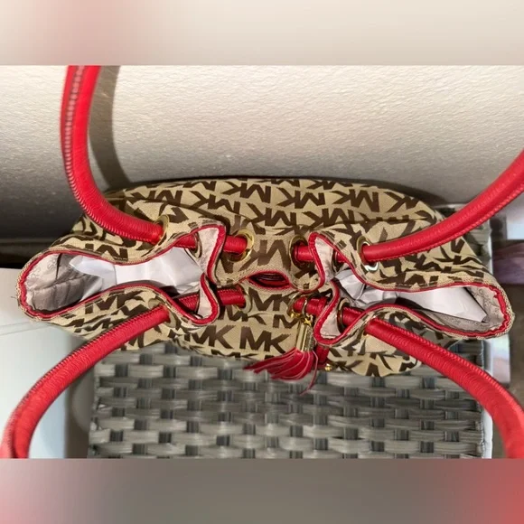 Michael Kors MK Logo Canvas Tote Bag Brown Red Leather Handles Tassel Purse - Picture 6 of 17